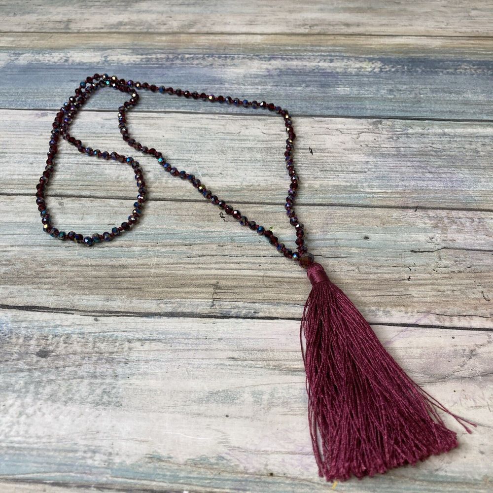 Red AB Crystals Prayer Bead Tassel Necklace Hand Knotted 30"